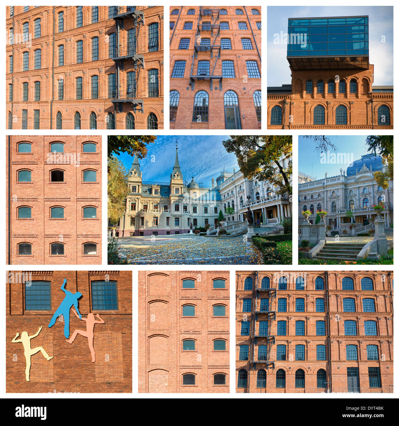 Photo collage from Lodz, Poland. Collage includes pictures of the Izrael Poznanski's industrial complex - Manufaktura Stock Photo