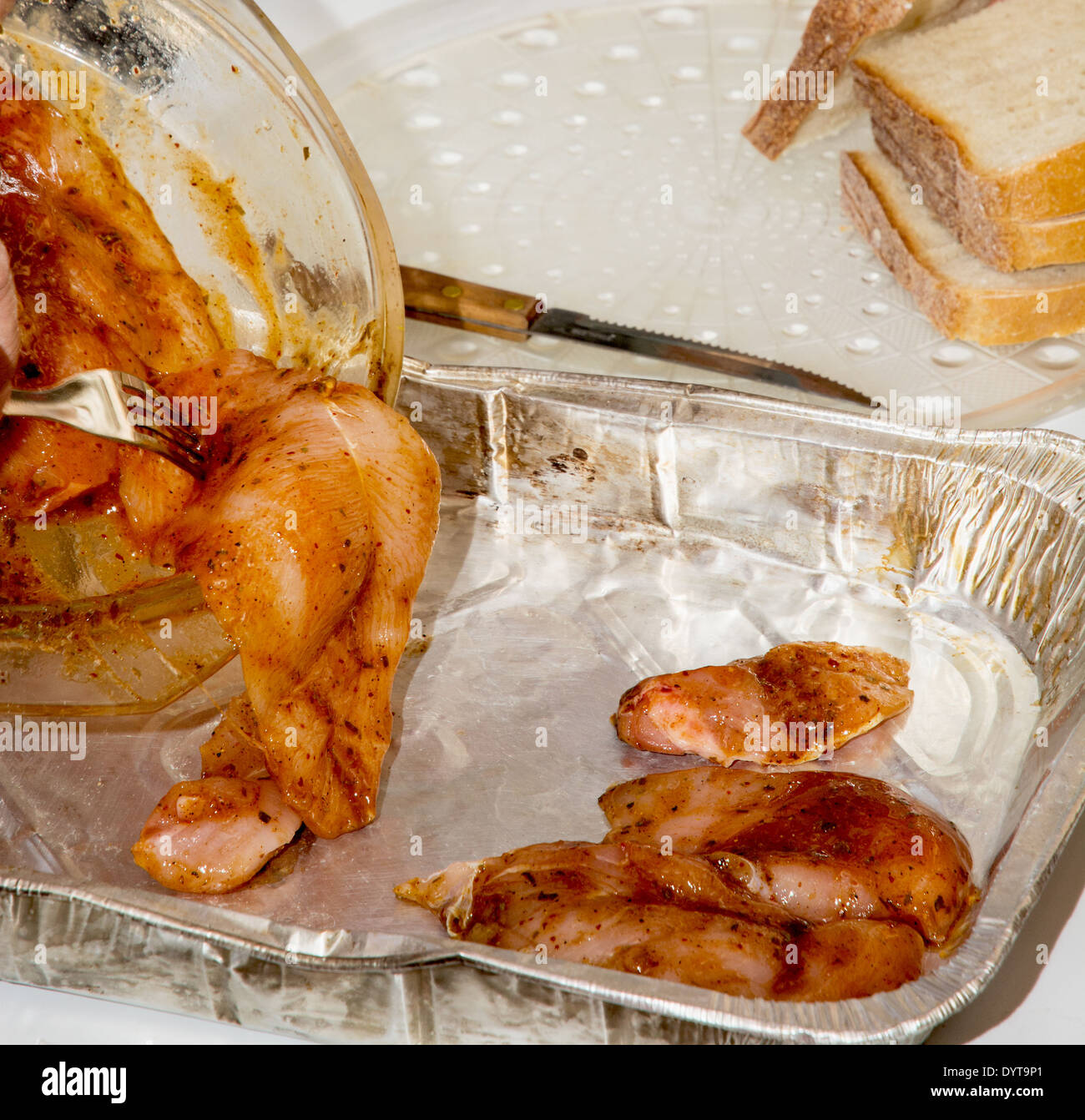 Bread and meat for picnic. Food preparation. Stock Photo