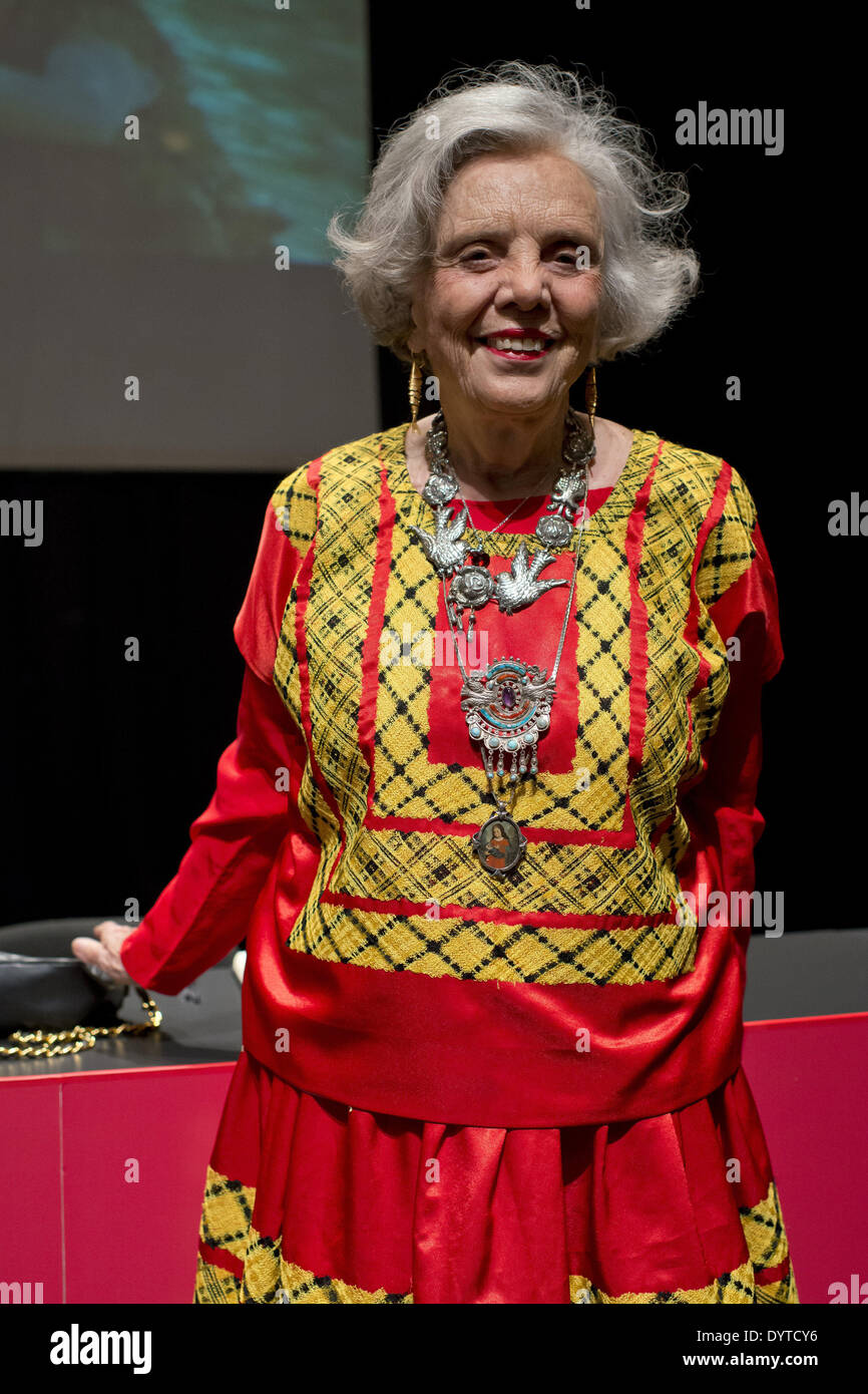 Madrid, Spain. 23rd Apr, 2014. Mexican writer Elena Poniatowska receiving the Cervantes Award 2014 at Alcala de Henares University, outskirts of Madrid, Spain, 23 April 2014. Cervantes Prize is awarded annually to honour the lifetime achievement of an outstanding writer in the Spanish language. Poniatowska wears an outfit made by indiginous women from Juchitan (Oaxaca, Mexico), ussually chosen for solemn occasions. (Photo by Oscar Gonzalez/NurPhoto) © Oscar Gonzalez/NurPhoto/ZUMAPRESS.com/Alamy Live News Stock Photo