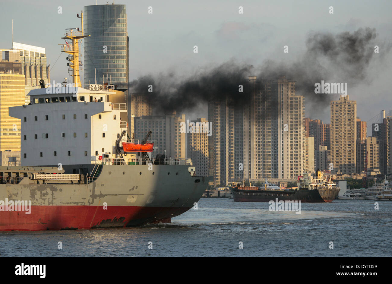 A commercial vessel exhaust black smoke on Huangpu river Stock Photo ...