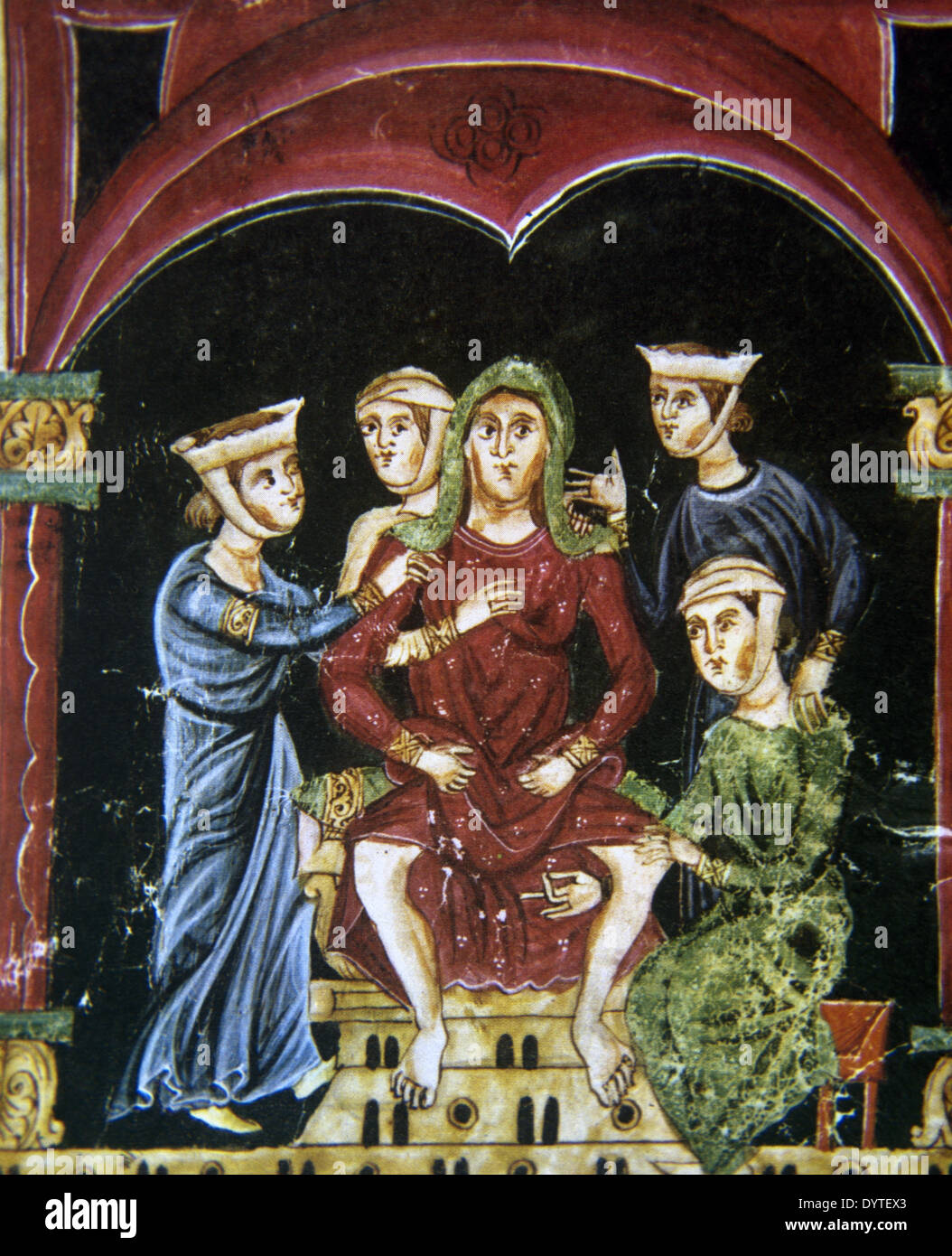 Medicine. Middle Ages. Partus. Miniature. Stock Photo