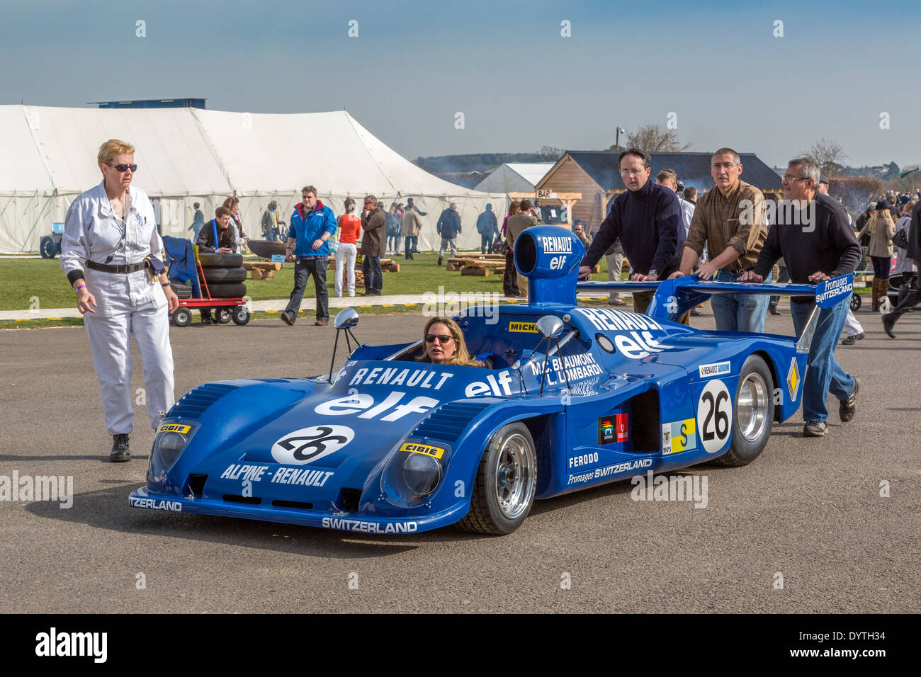 1975 Alpine-Renault A441 is pushed to the collection paddock, Low-drag Le Mans car, 72nd Goodwood Members meeting, Sussex, UK Stock Photo