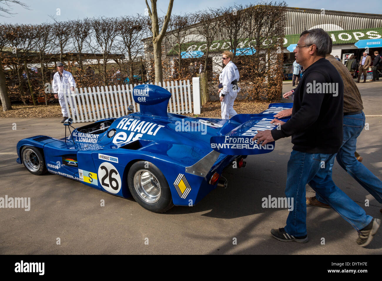 1975 Alpine-Renault A441 is pushed to the collection paddock, Low-drag Le Mans car, 72nd Goodwood Members meeting, Sussex, UK Stock Photo