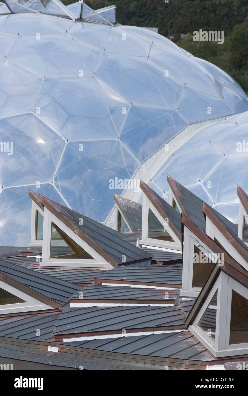 Roof detail with biodomes behind at the Eden Project, Bodelva, St Austell, Cornwall, UK Stock Photo