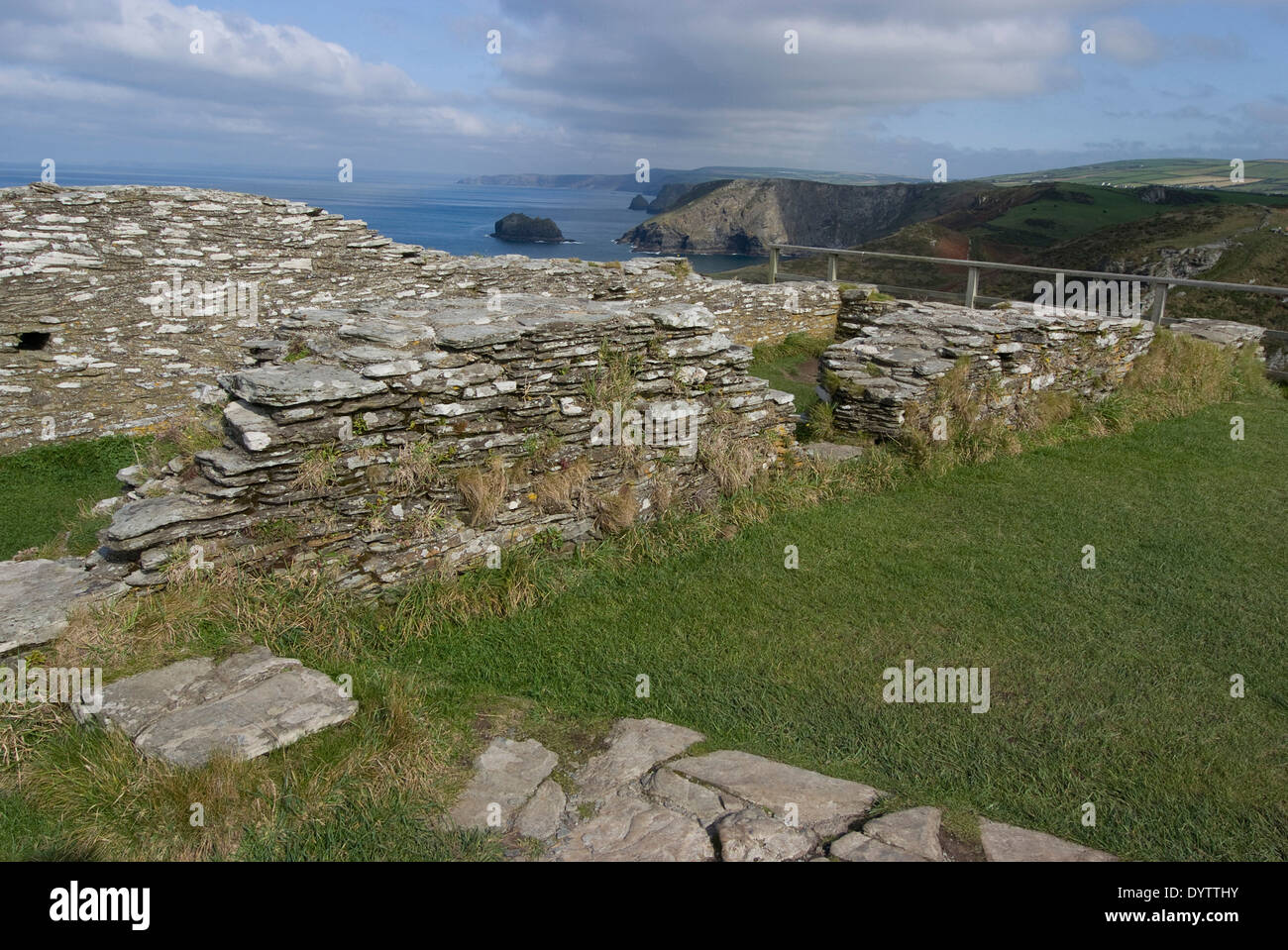 Remains of a medieval coastal cliff top castle, the legendary site of King Arthur's Camelot, Tintagel, Cornwall, UK Stock Photo