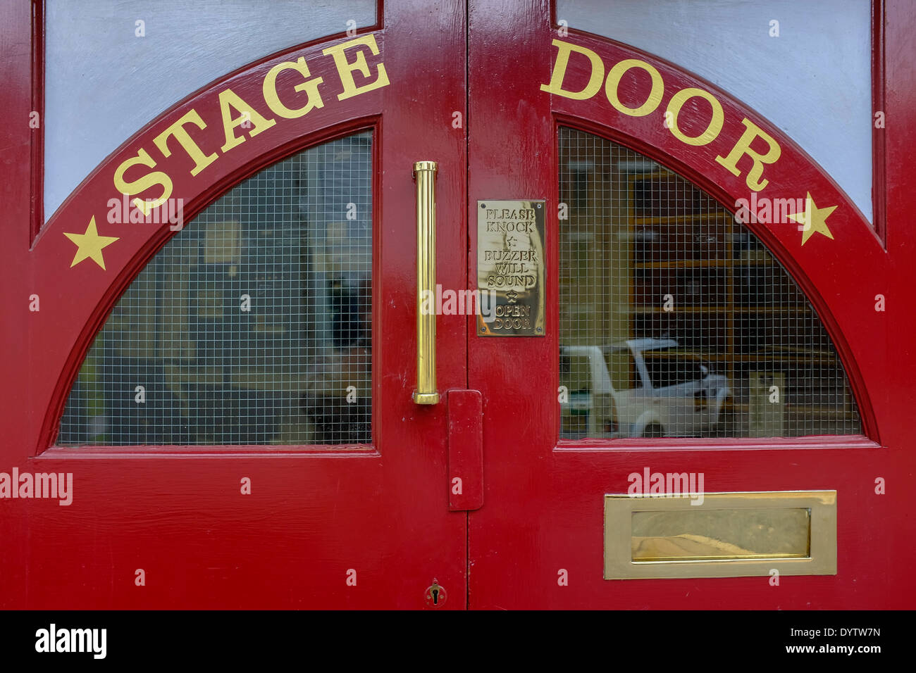 The red painted Stage Doors at the Alhambra Theatre, Bradford, West Yorkshire, UK Stock Photo