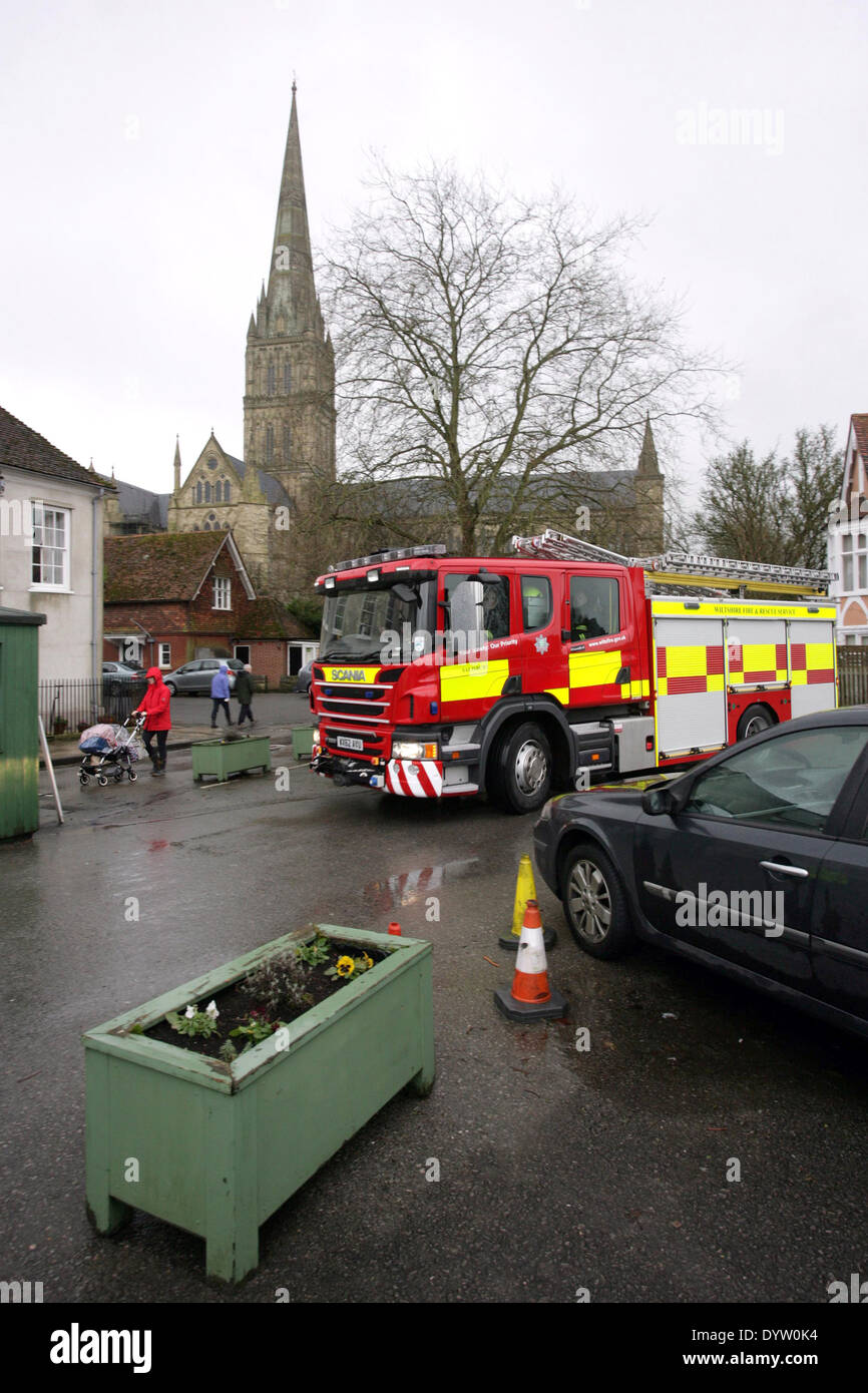 A Salisbury Fire engine leaves after inspecting floodwater levels