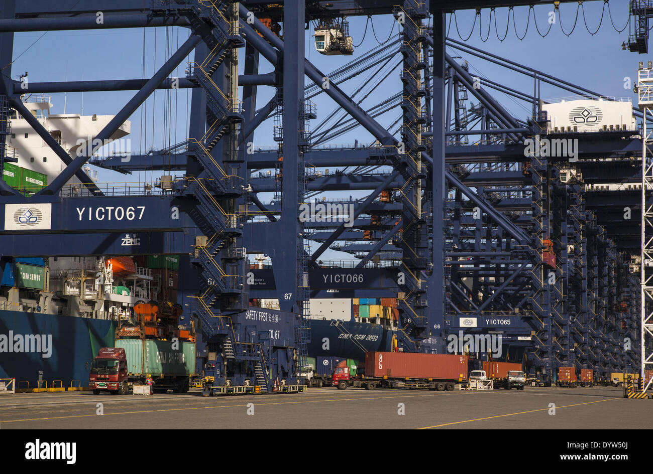 Crank loads containers on tractor at Shenzhen's Yantian International