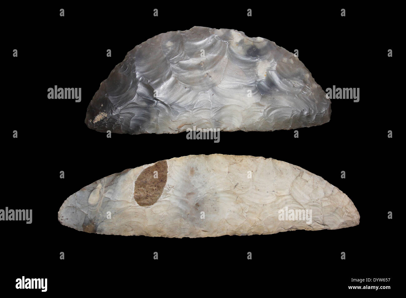 Crescent-shaped (lunate) flint knives Denmark Bronze Age (1800-1000BC) Stock Photo