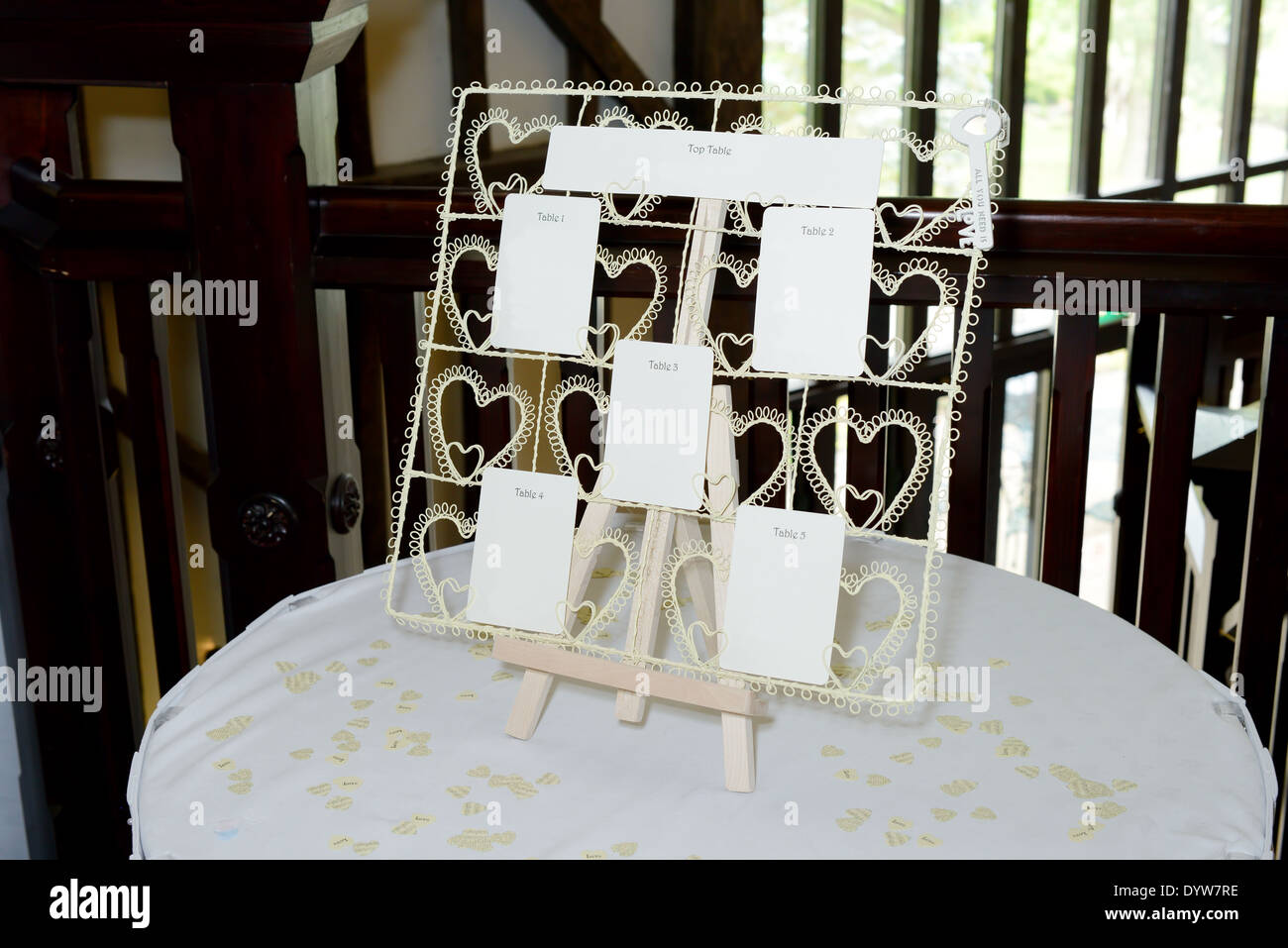 Wedding reception seating plan closeup on table with decoration Stock Photo