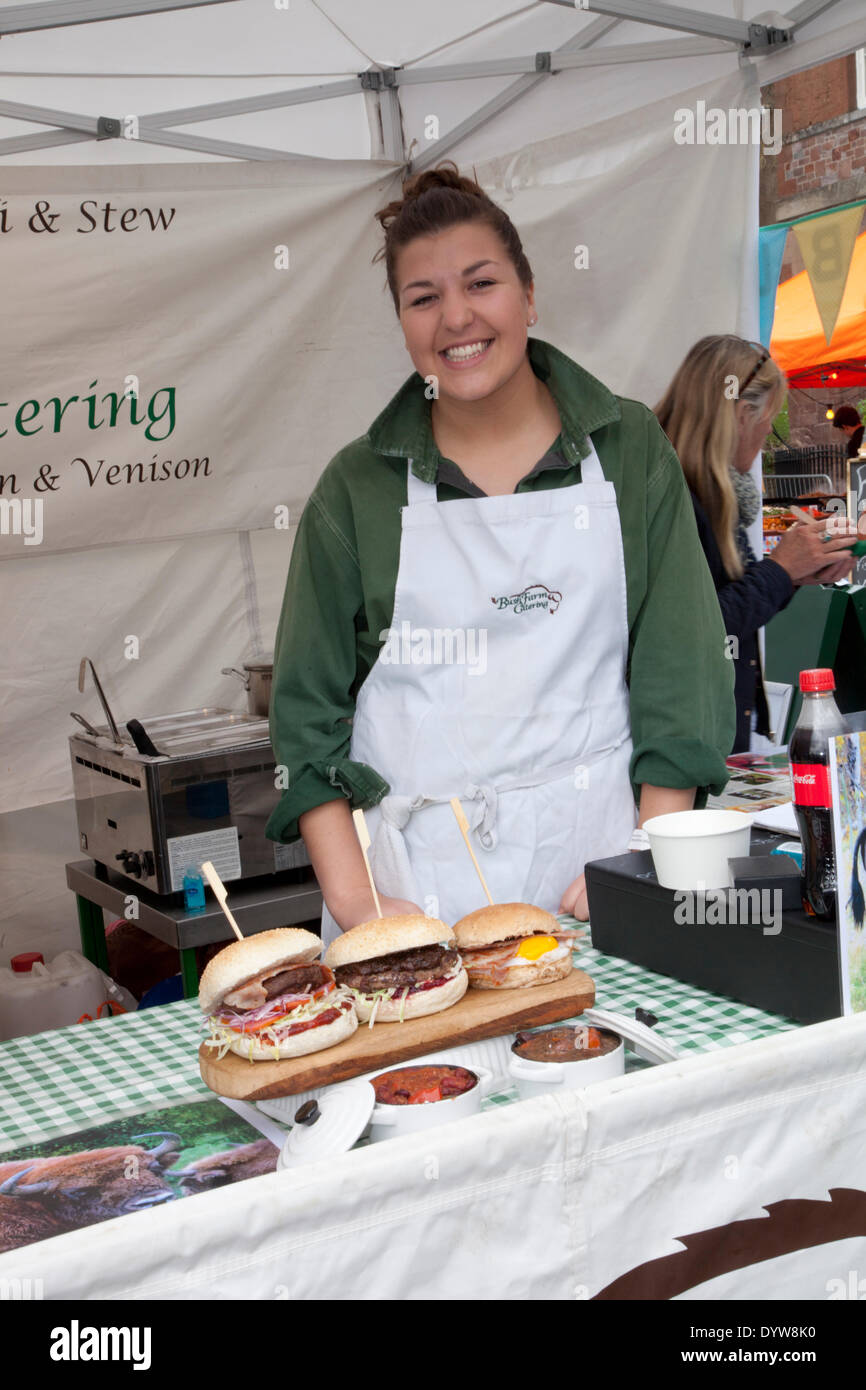 Exeter, UK. 25th April, 2014. Bush Farm Catering Venison Burger stall The Exeter Festival of Southwest  Food and Drink Fair, three day festival of local produce and cooking. Credit:  Anthony Collins/Alamy Live News Stock Photo