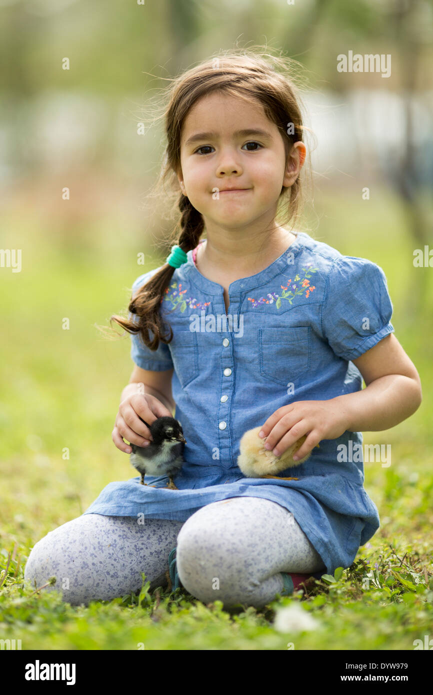 Cute little girl with the chickens Stock Photo