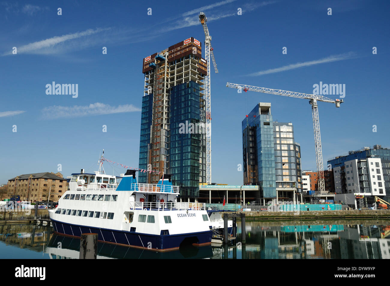 Ferry & construction work at Ocean Village Harbor, Southampton UK Stock ...