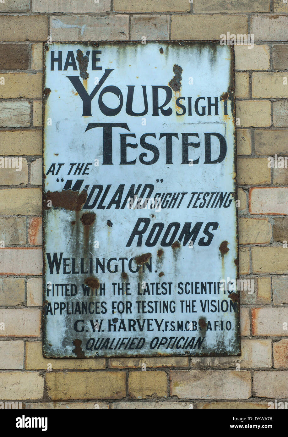 old fashioned metal advertising sign, for eye tests Stock Photo