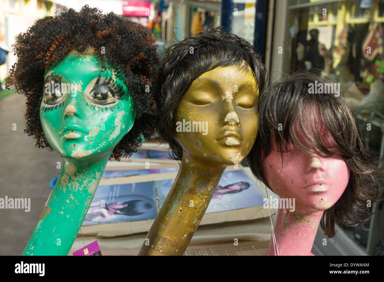 wigs on dummies at Brixton Market Stock Photo