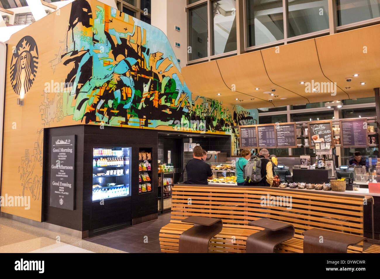 Los Angeles California,LAX,international airport,terminal,gate,Starbucks,coffee,barista,cafe,shop,drink drinks,snacks,snack food,man men male,woman fe Stock Photo