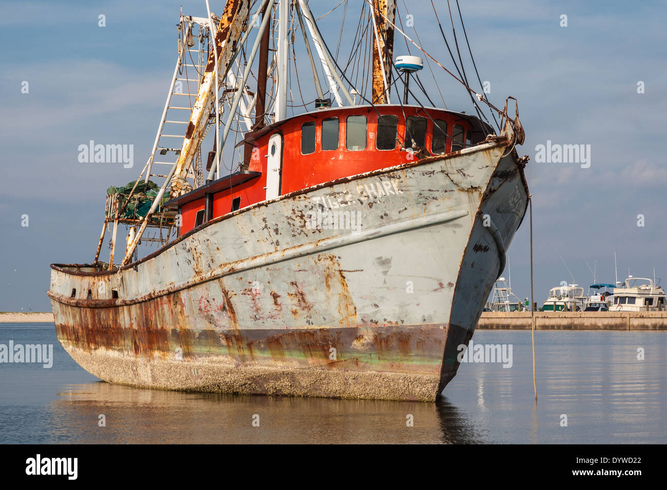 Shrimp boat 'Tiger Shark' beached in Biloxi, Mississippi during Hurricane Katrina Stock Photo