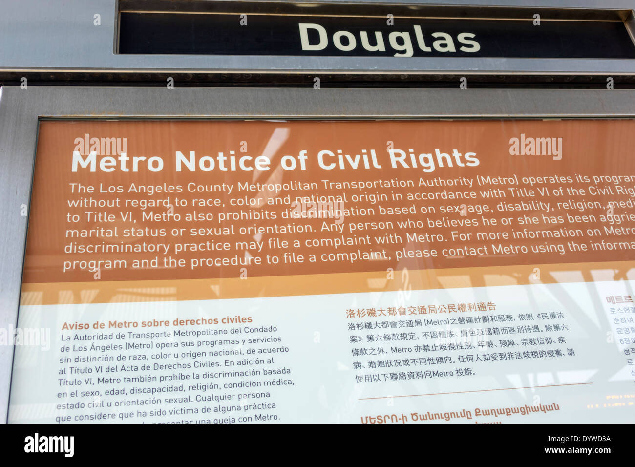 Los Angeles California,LA County Metro Rail,urban rail system,mass transit,Green Line,Douglas station,sign,notice,civil rights,policy,anti discriminat Stock Photo
