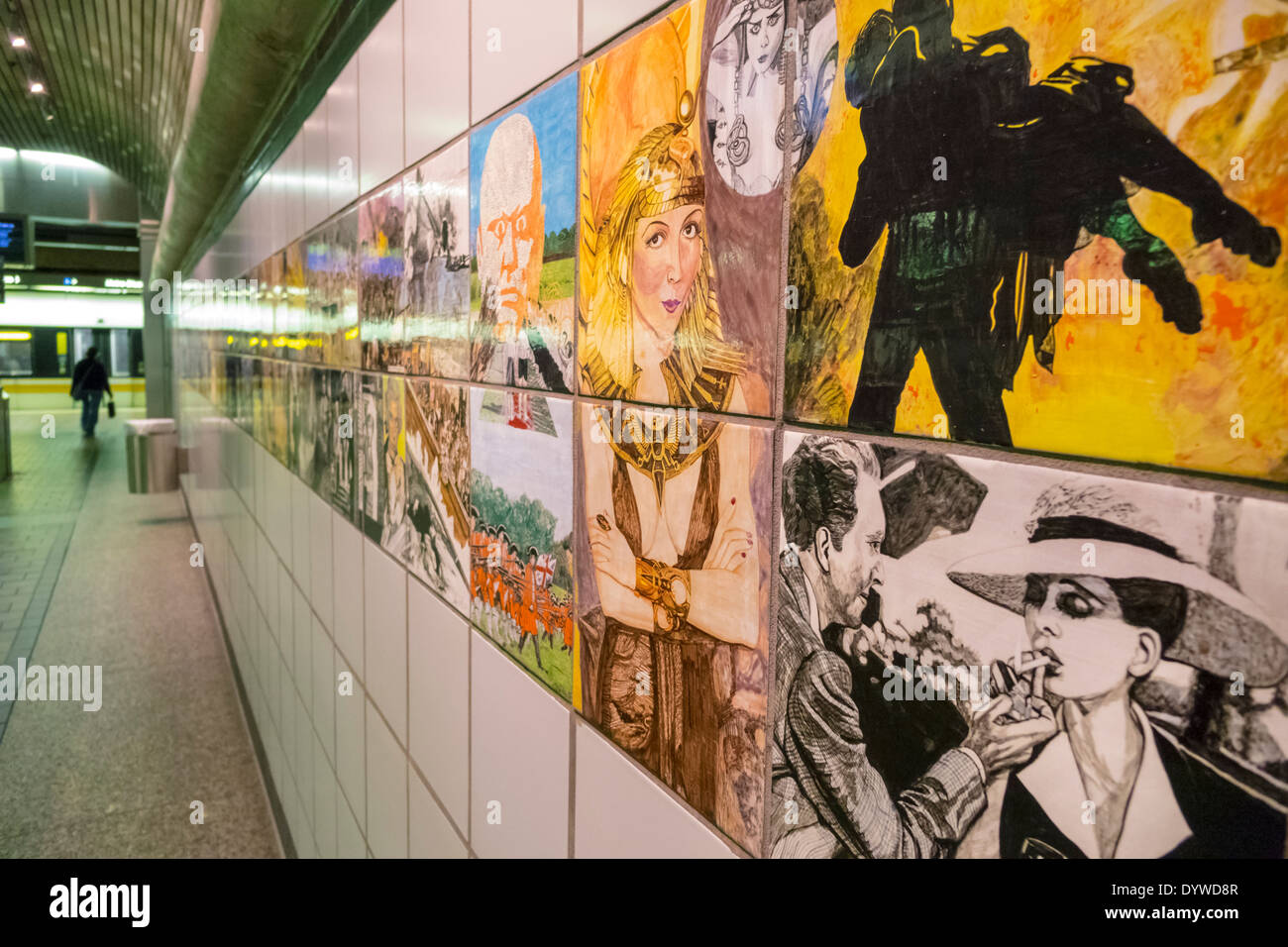 Los Angeles California,LA County Metro Rail,7th Street Metro Center,centre,urban rail system,mass transit,station,platform,public artwork,painted,movi Stock Photo