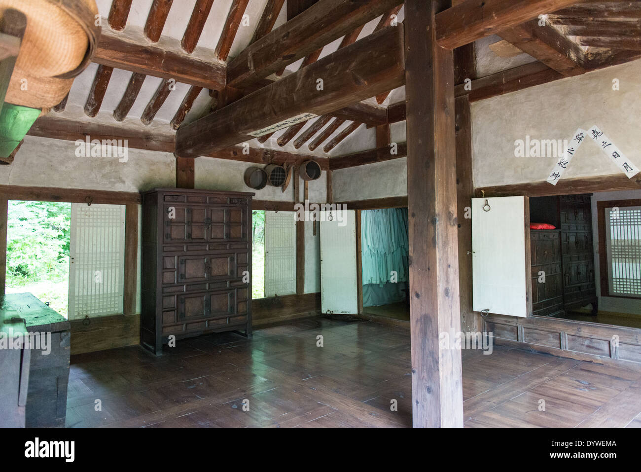 Inside an old traditional korean house with paper walls Stock Photo