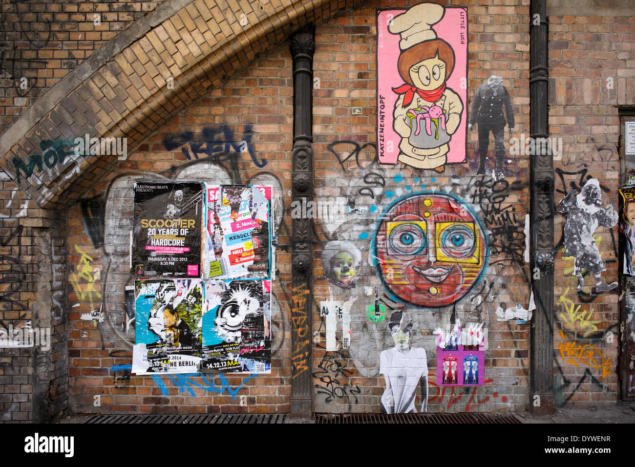 Berlin, Germany, graffiti and paste -up on the facade of the S- Bahnboegen Stock Photo