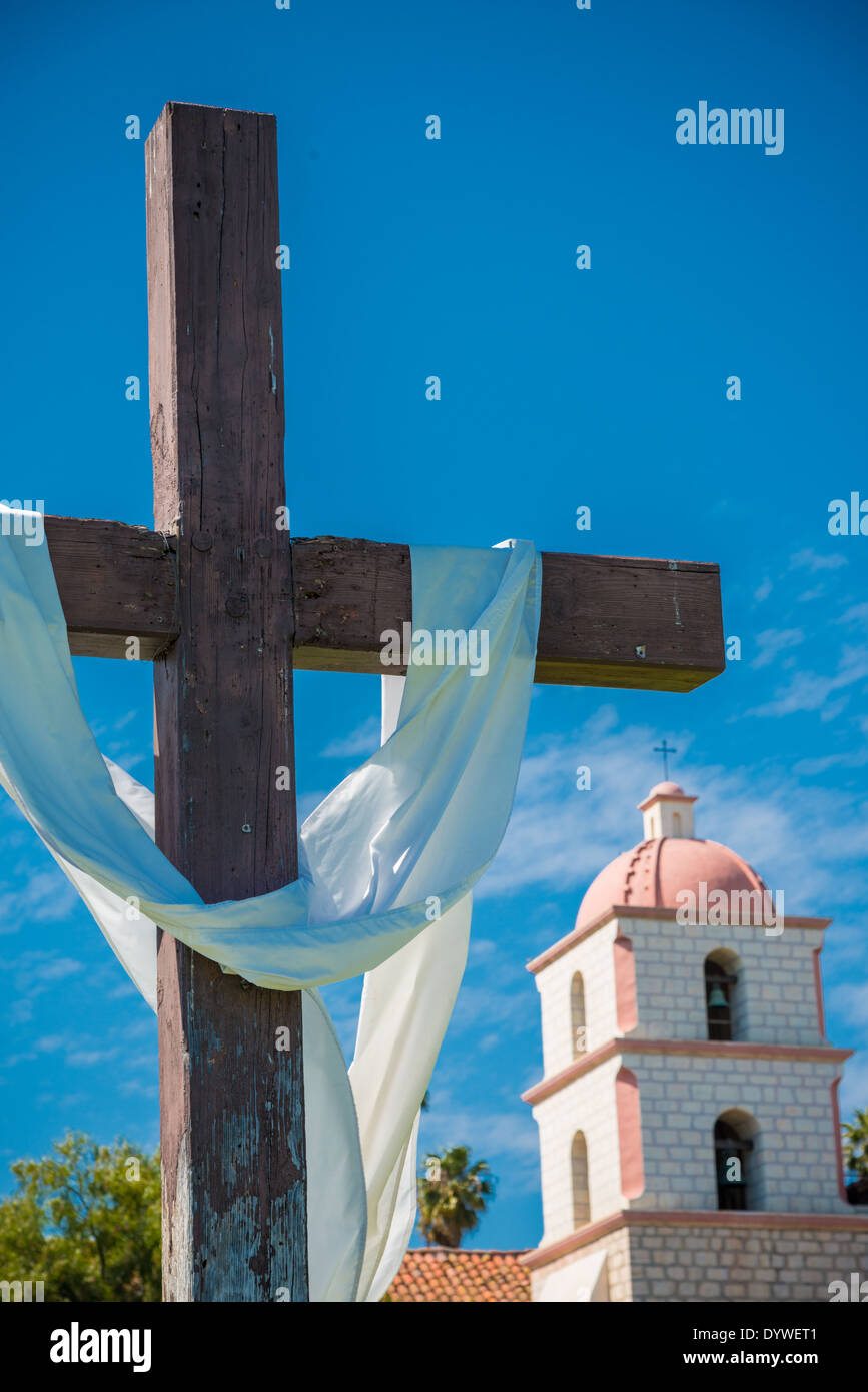 Mission Santa Barbara in Santa Barbara, California with a cross and a sky blue background Stock Photo