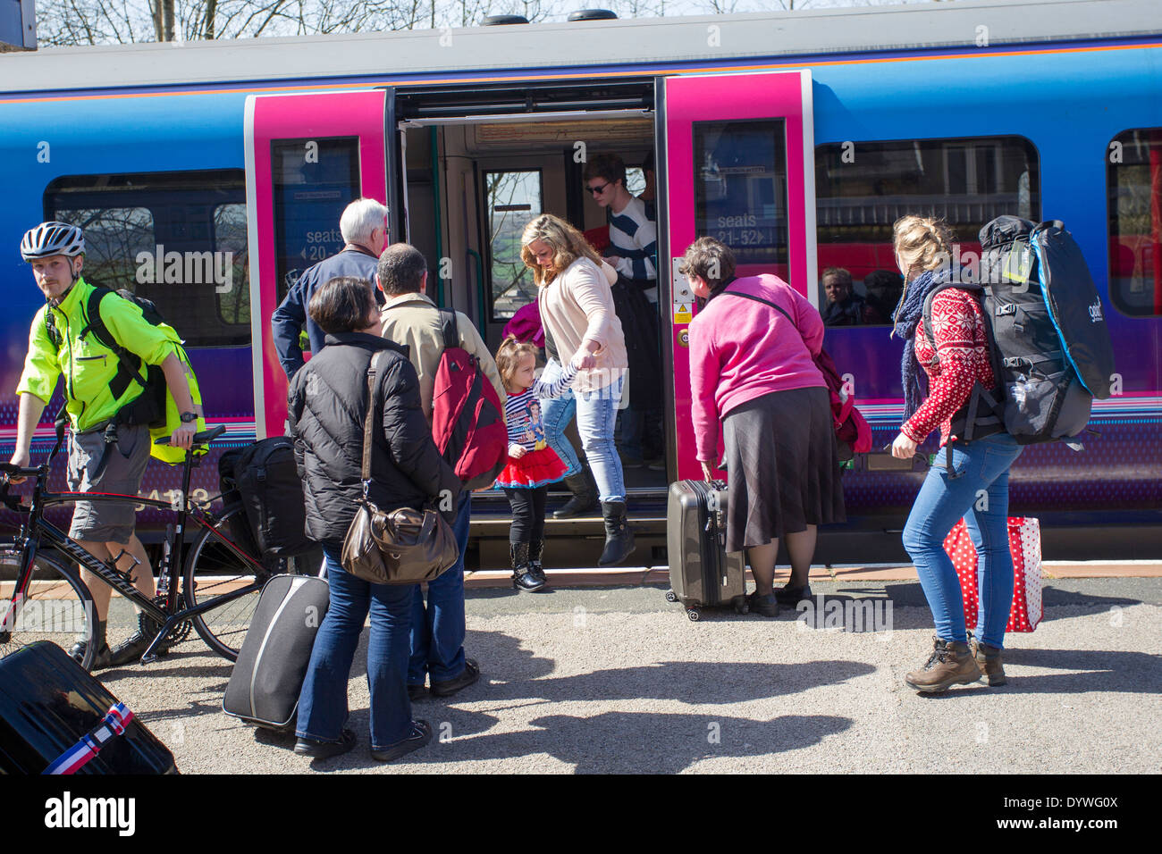 First TransPennine Express passengers disembarking Stock Photo Alamy