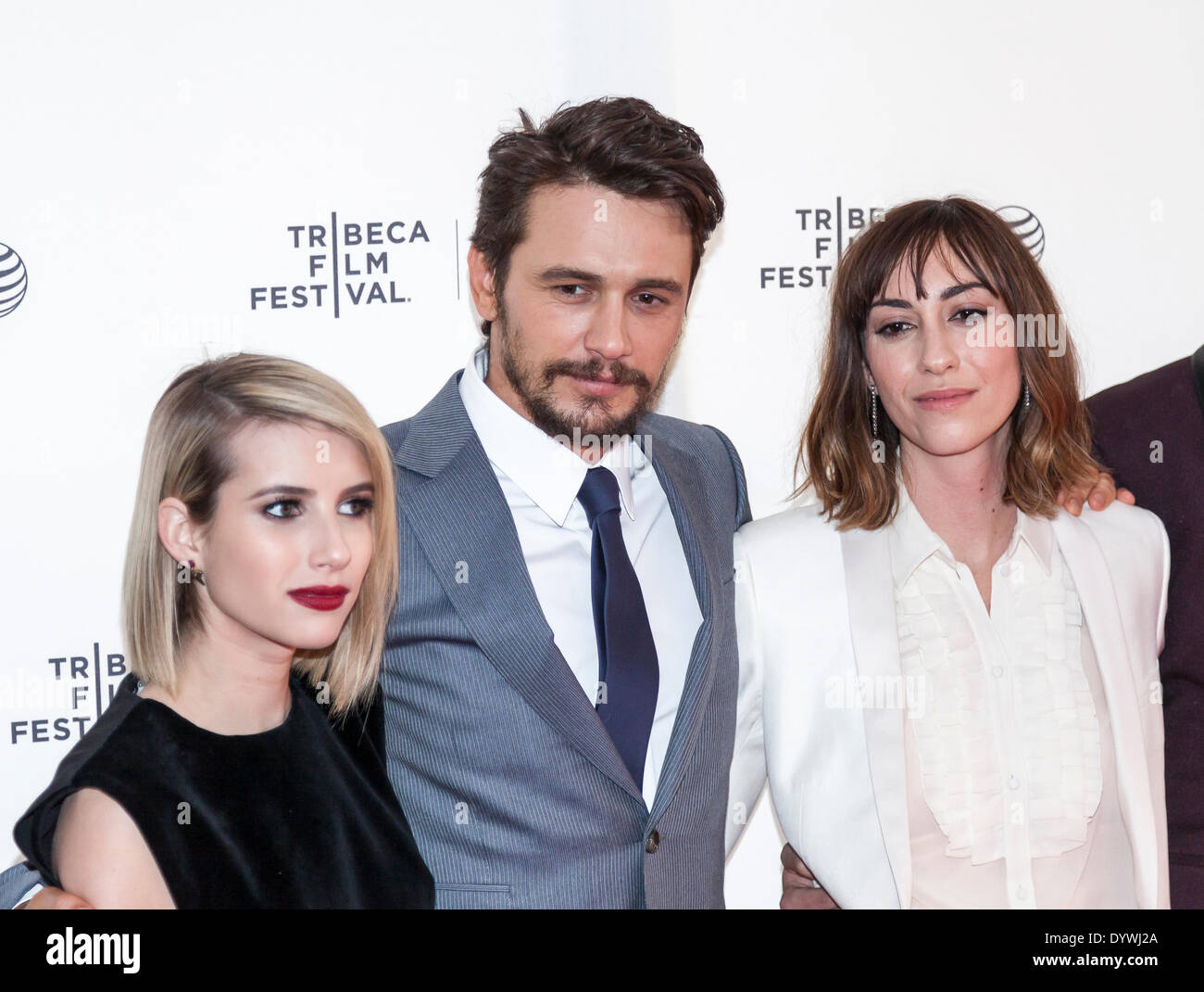 New York, NY, USA - April 24, 2014: (L-R) Emma Roberts, James Franco and Gia Coppola, attend the 'Palo Alto' Premiere during the 2014 Tribeca Film Festival at the SVA Theater in New York City Stock Photo