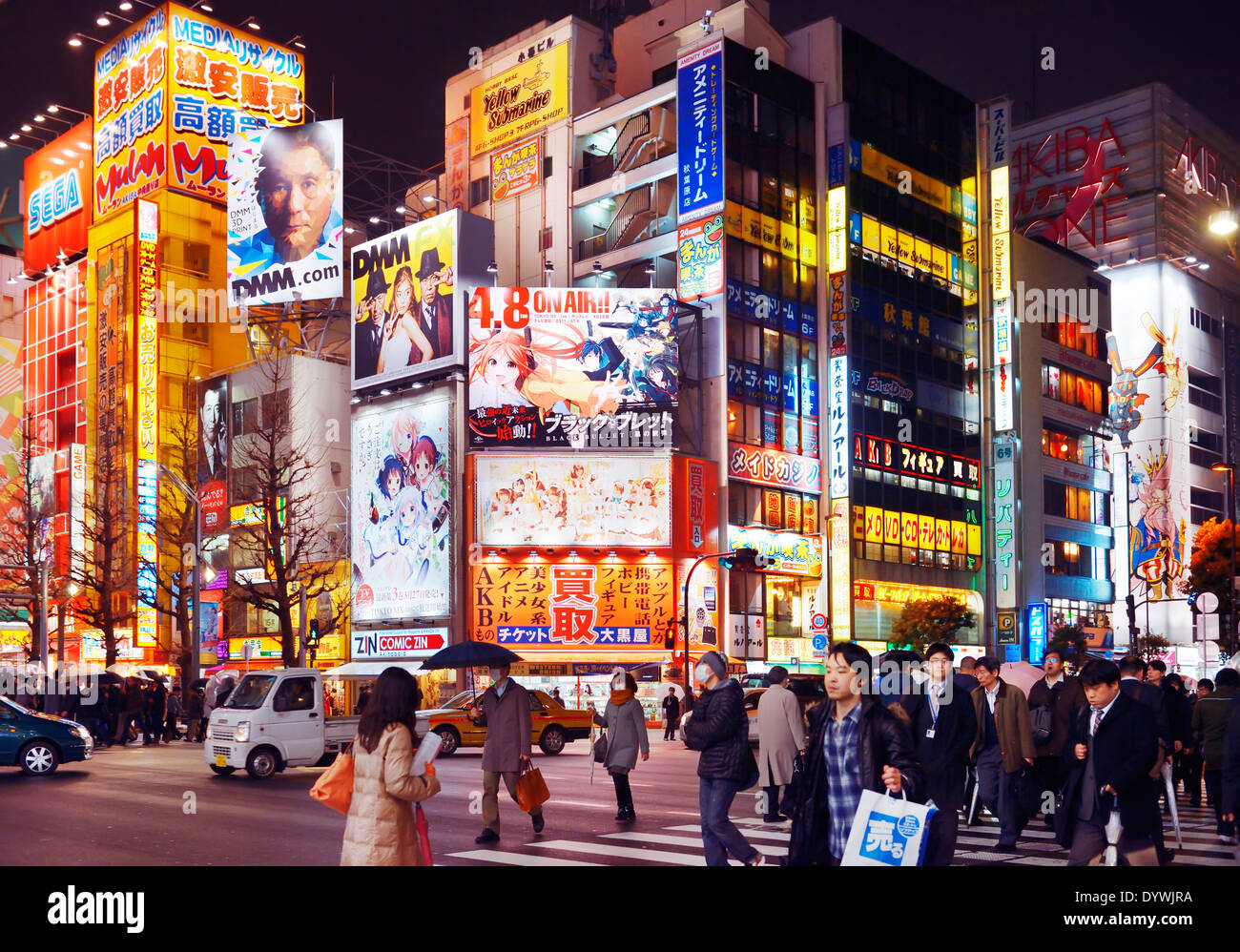 Akihabara streets with shining colorful signs at night in Tokyo, Japan