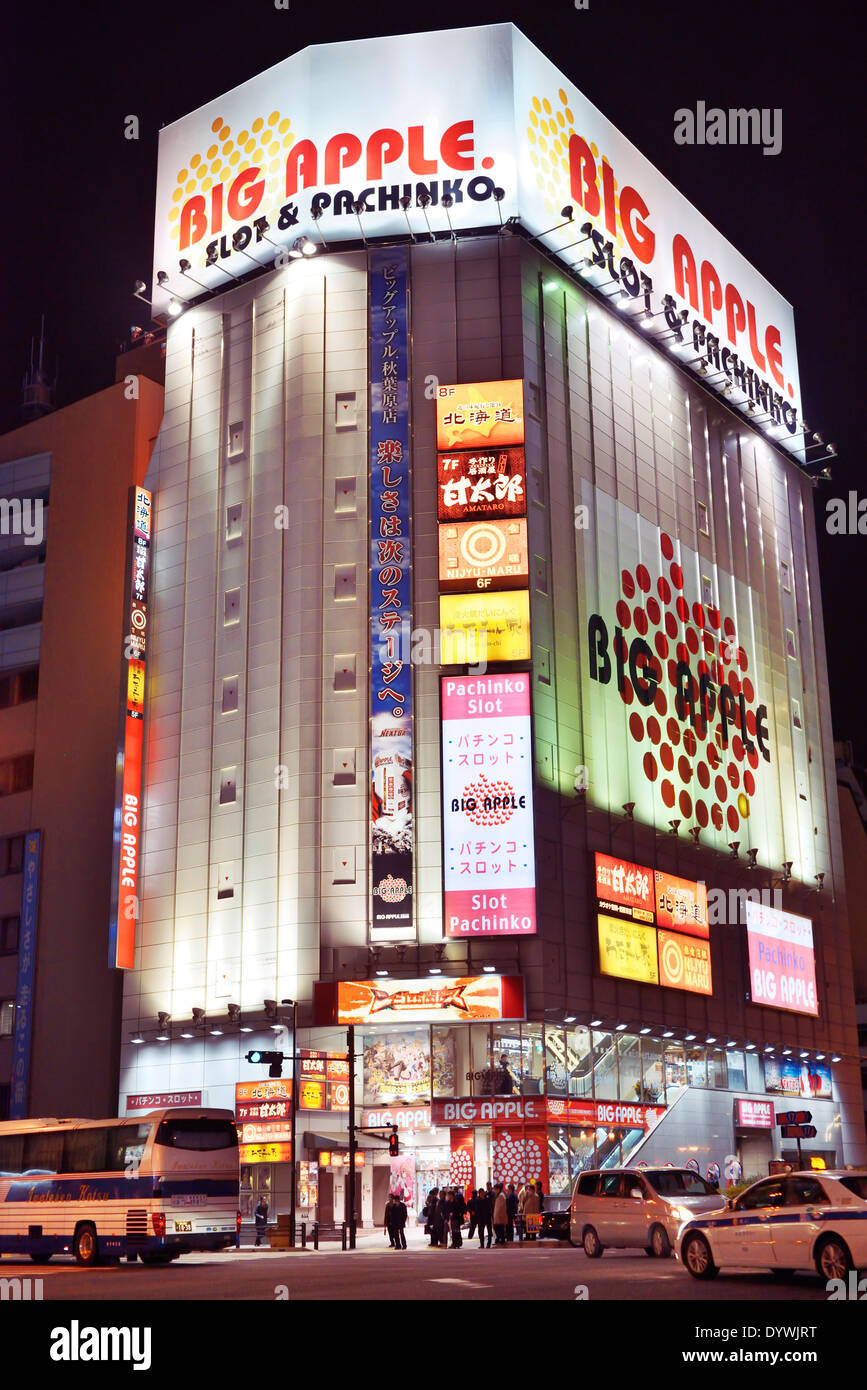 Big Apple Slot and Pachinko game arcade building in Akihabara, Tokyo, Japan. Stock Photo