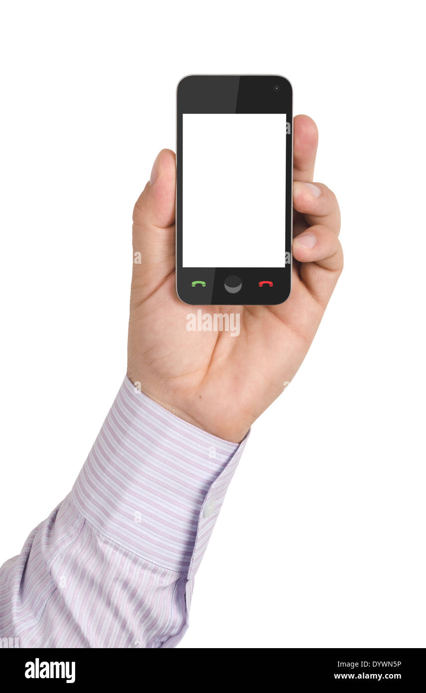 men's hand holding a modern mobile phone with a blank screen. isolated ...