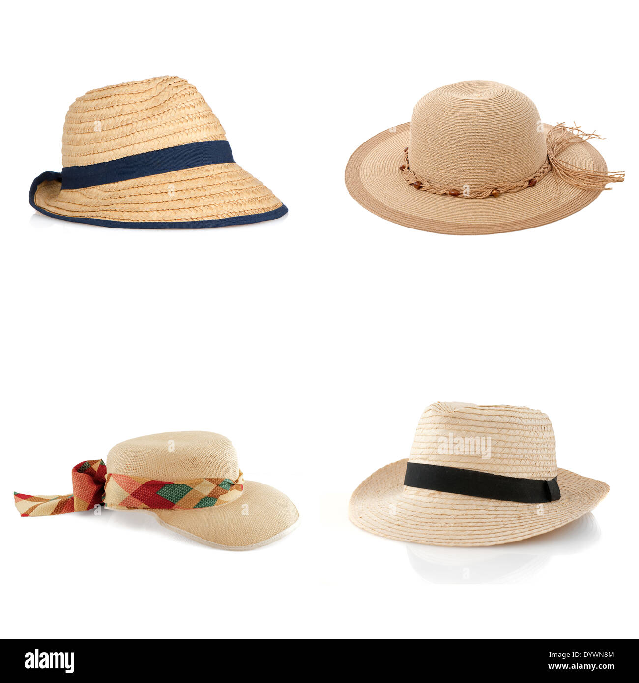 Set of four straw hats isolated on white background Stock Photo - Alamy