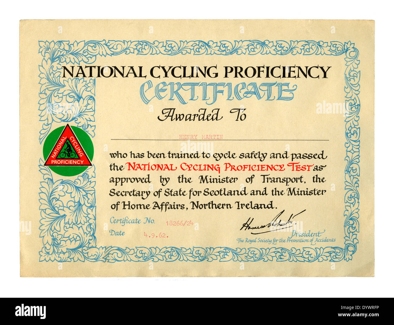 National cycling proficiency certificate 1962 - a British road safety scheme especially (but not exclusively) aimed at children Stock Photo