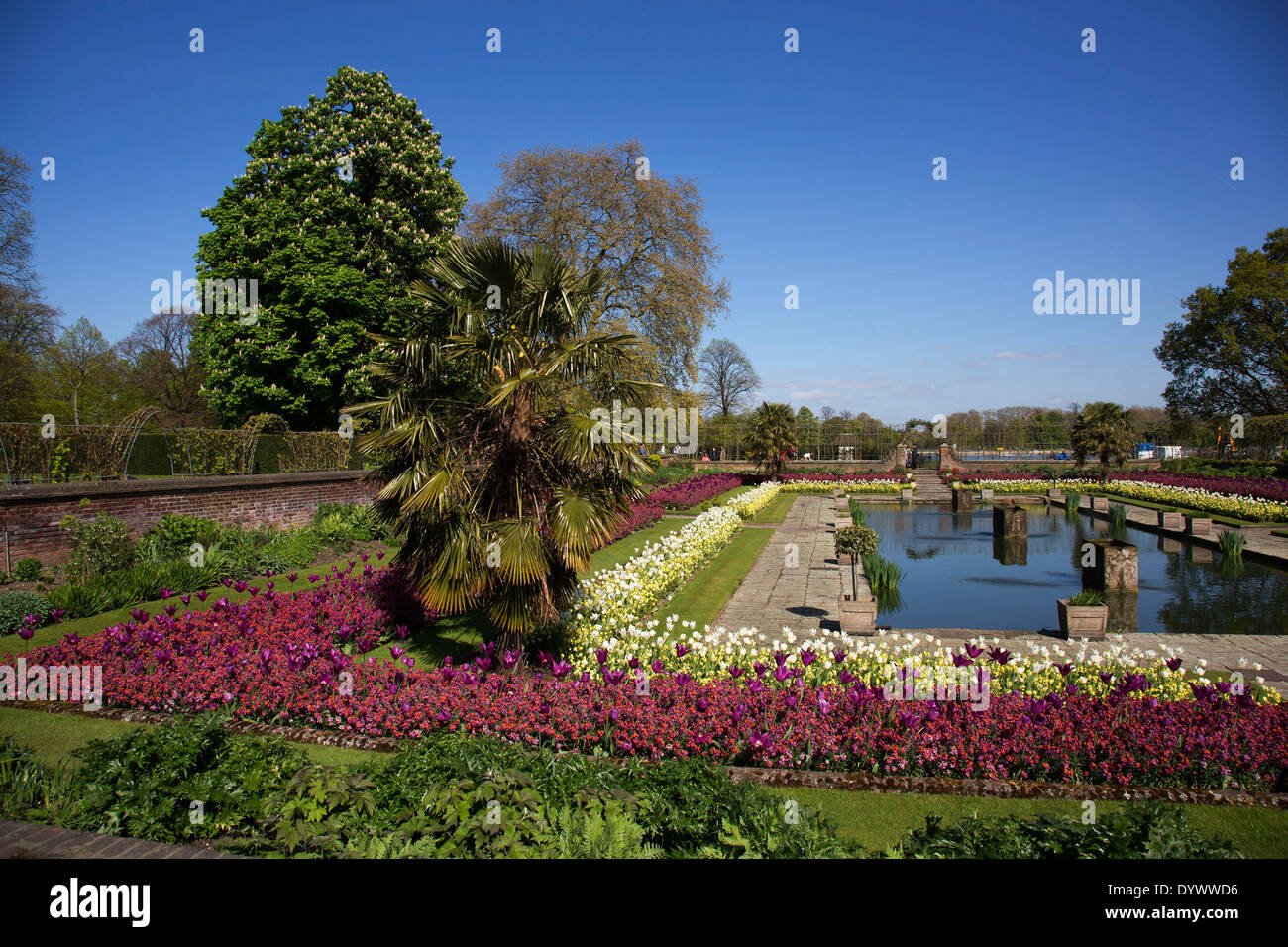Ornate sunken water garden at Kensington Palace Gardens. London, UK