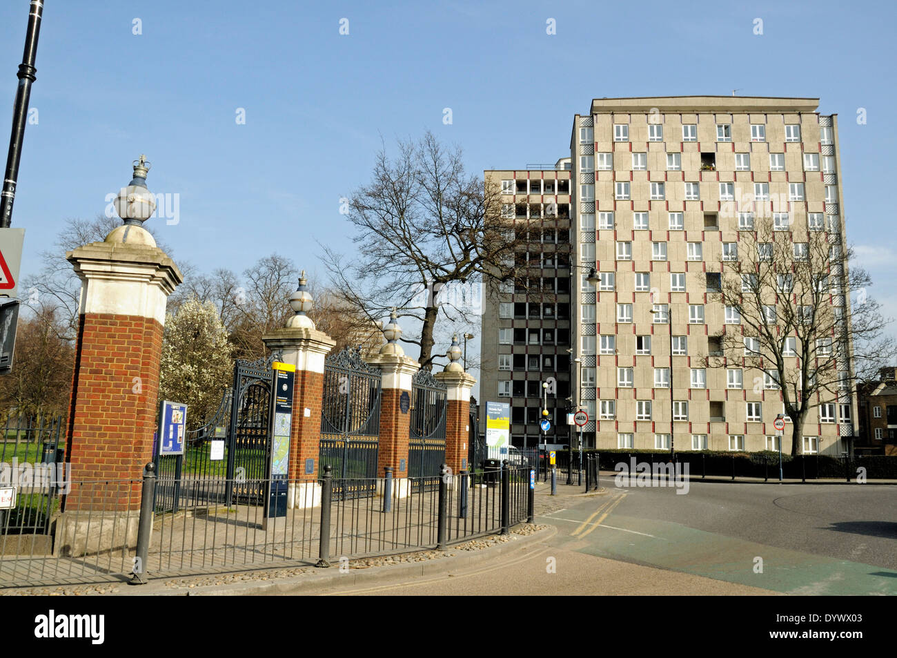 Crown gate east entrance to Victoria park with flats London Borough of