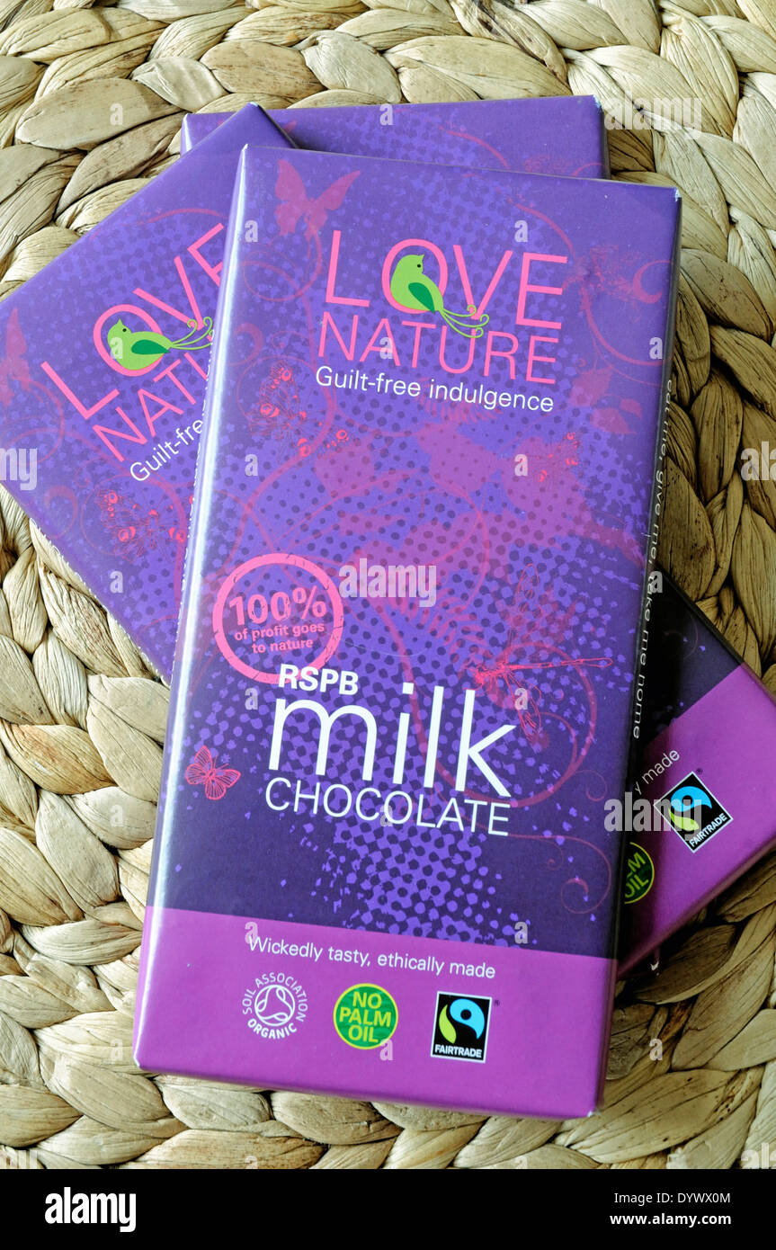 Ethical organic Fairtrade Fair Trade chocolate no palm oil made for the RSPB Royal Society for the Protection of  Birds Stock Photo