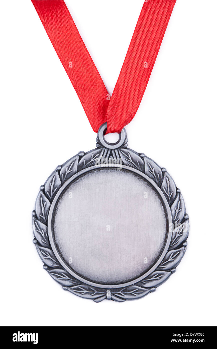 Silver medal with red ribbonon a white background Stock Photo