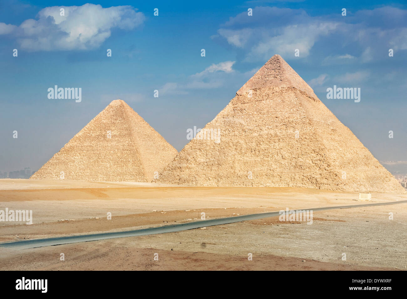 Pyramid of Khufu and Pyramid of Khafre - two of the famous Great Pyramids of Giza in Egypt. Stock Photo