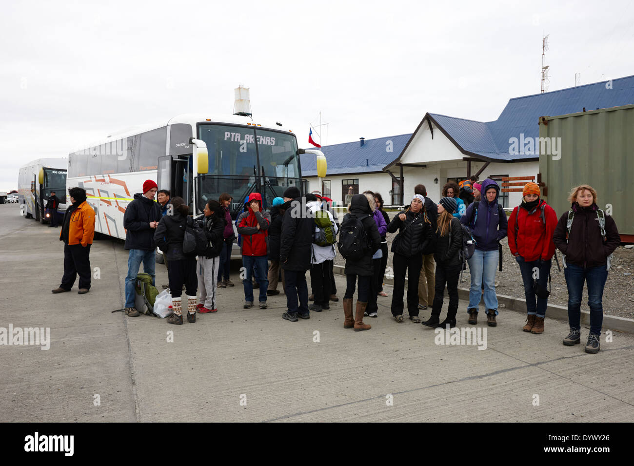 bus passengers from punta arenas to ushuaia waiting on a ferry at Punta Delgada Chile Stock Photo