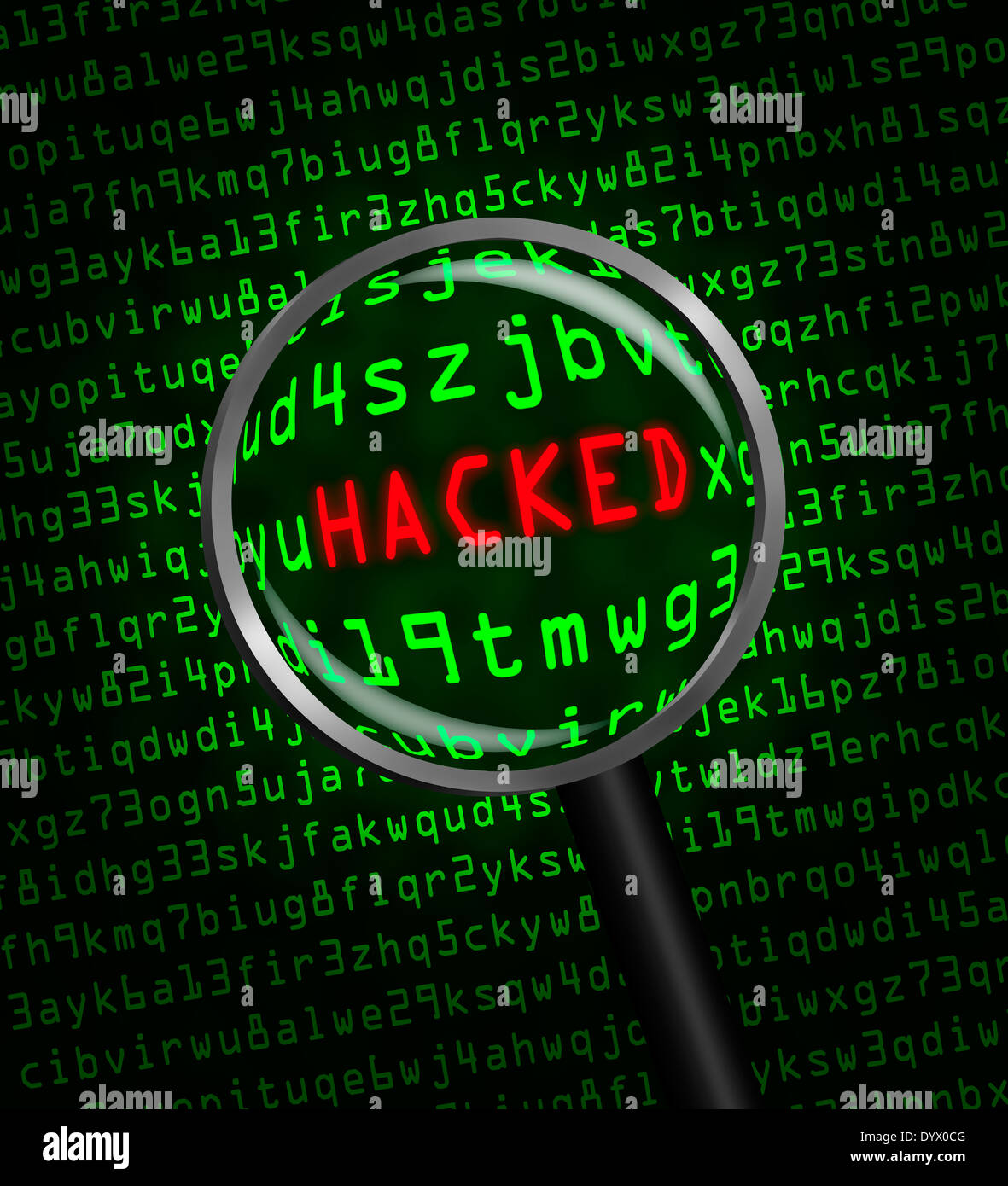 The word 'HACKED' revealed revealed in computer machine code through a magnifying glass Stock Photo