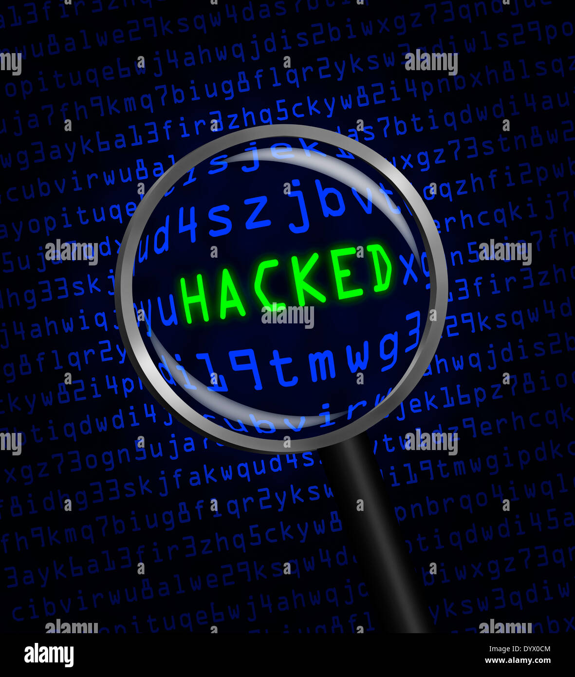 The word 'HACKED' revealed revealed in computer machine code through a magnifying glass Stock Photo