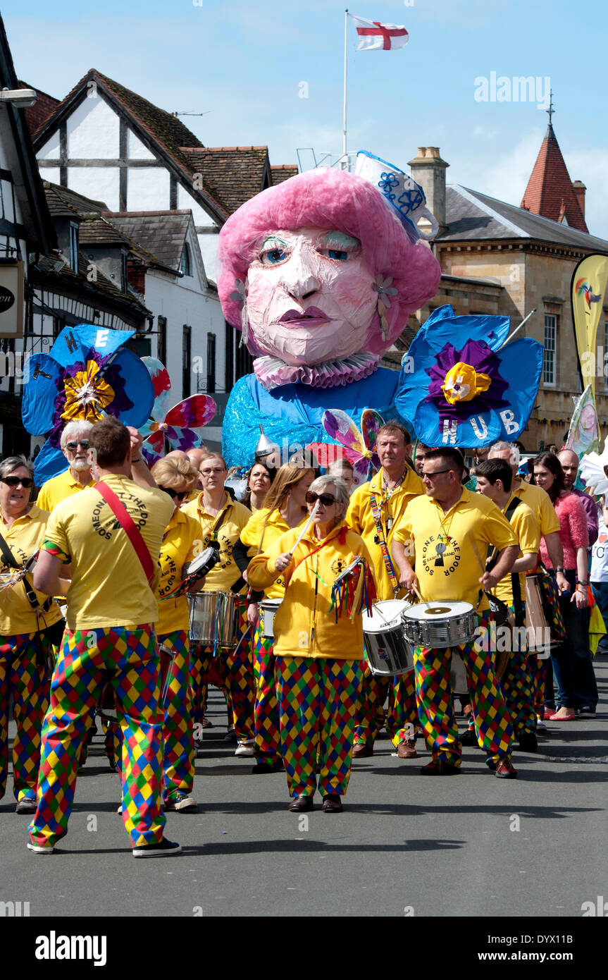 Stratford-upon-Avon, Warwickshire, England, UK. 26th April 2014.  William Shakespeare`s 450th Birthday Celebrations. Someone at the Door Samba musicians in a procession of music and performance in the town centre. Credit:  Colin Underhill/Alamy Live News Stock Photo
