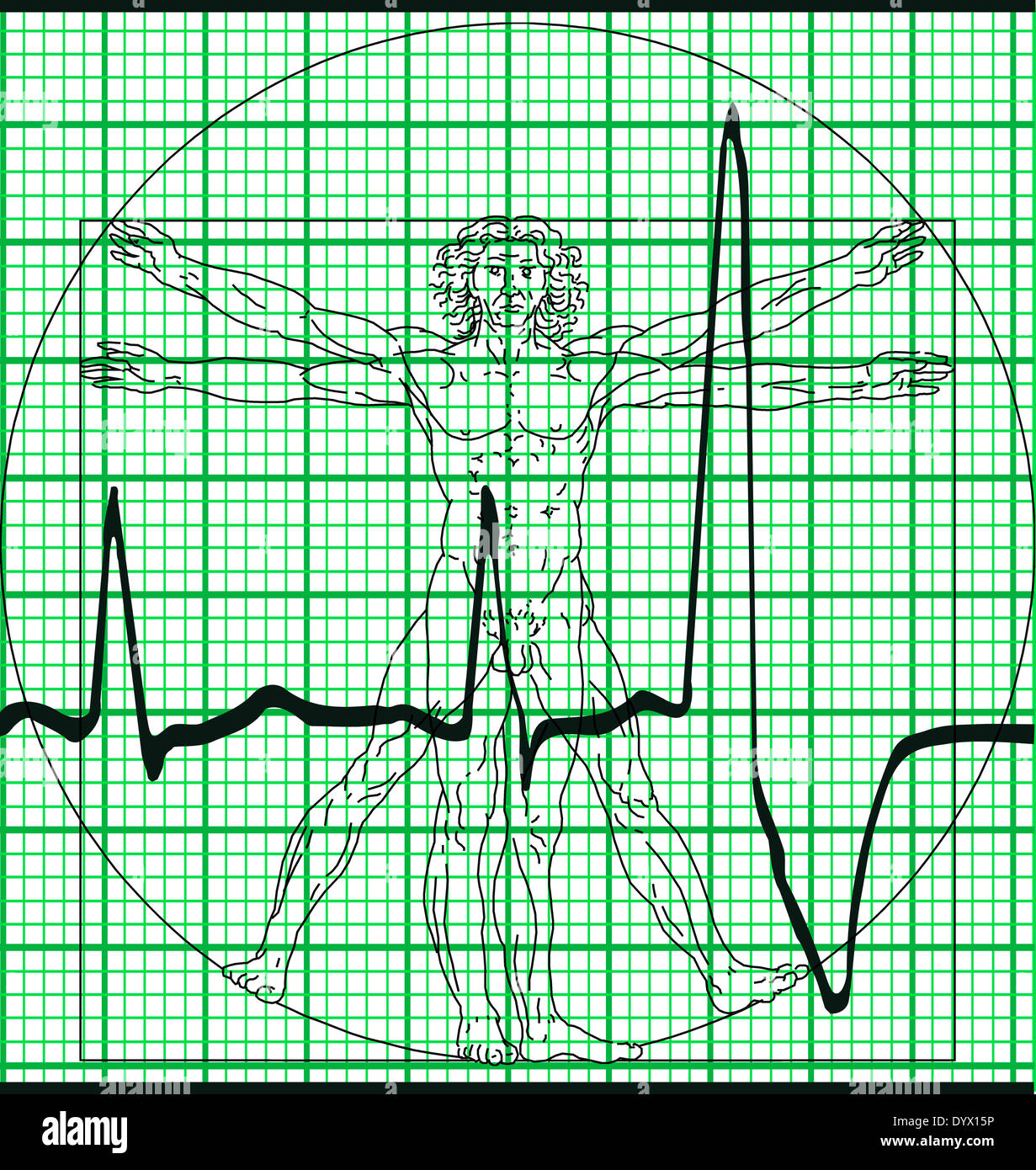 Leonardo da Vinci's Vitruvian Man sketch and EKG electrocardiogram print Stock Photo