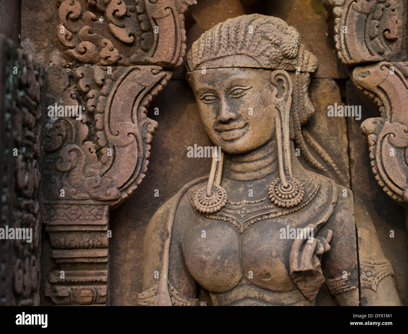 Apsara Carving at Banteay Srei Hindu Temple dedicated to Shiva. Siem Reap, Cambodia Stock Photo