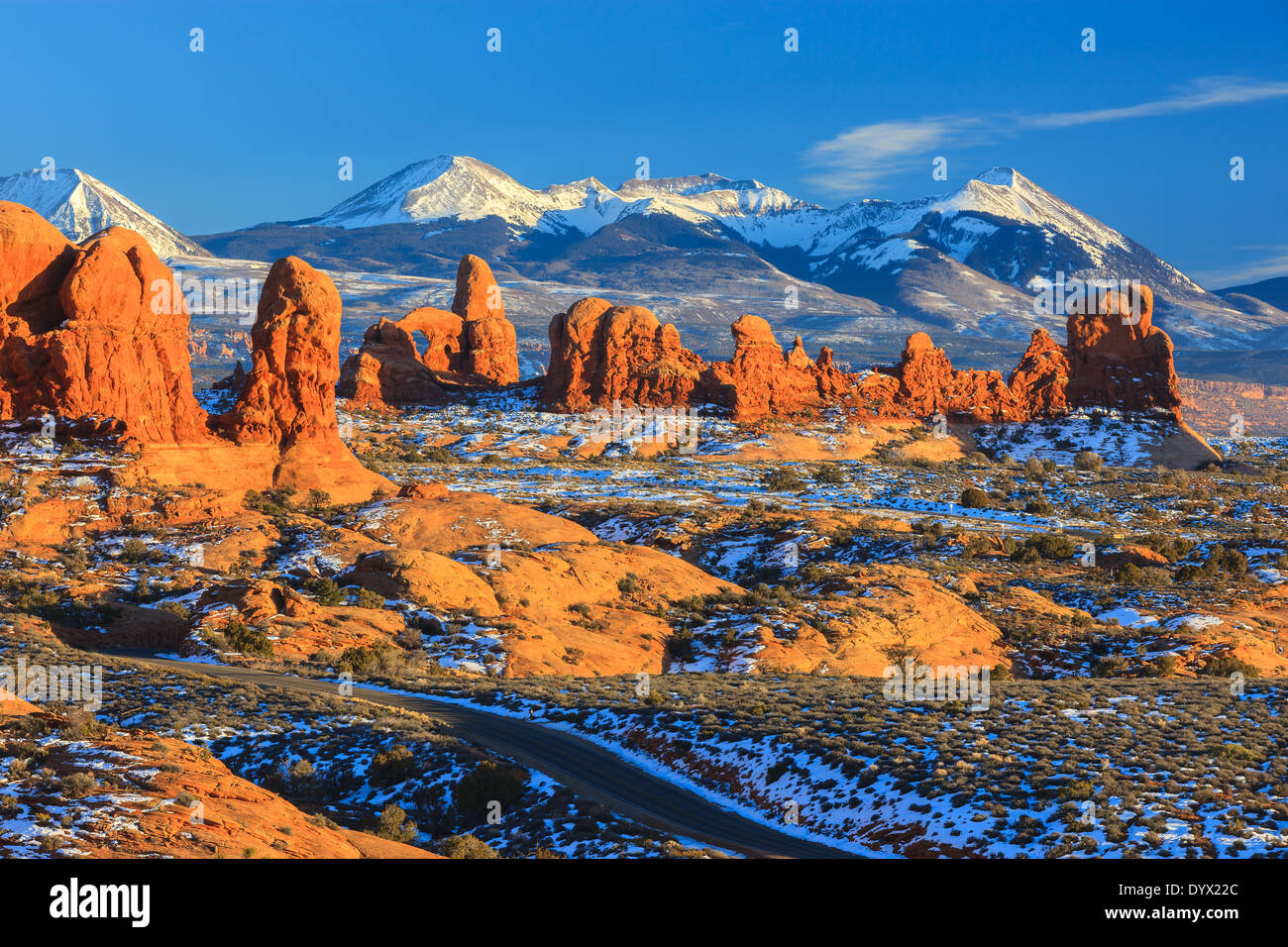 Winter scenery in Arches National Park, near Moab, Utah - USA Stock Photo
