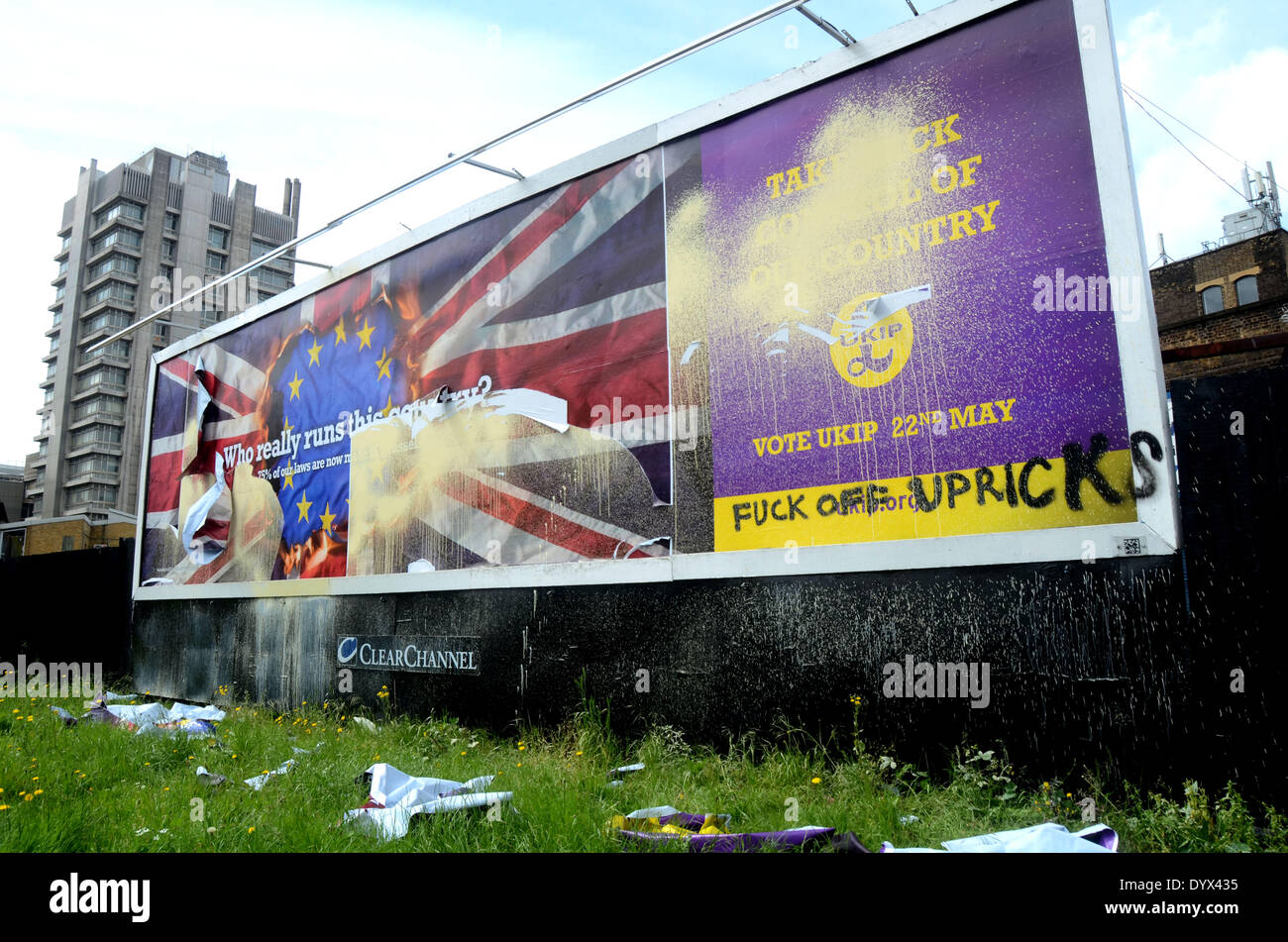 London, UK, 26 April 2014 UKIP poster vandalized for second time during ...