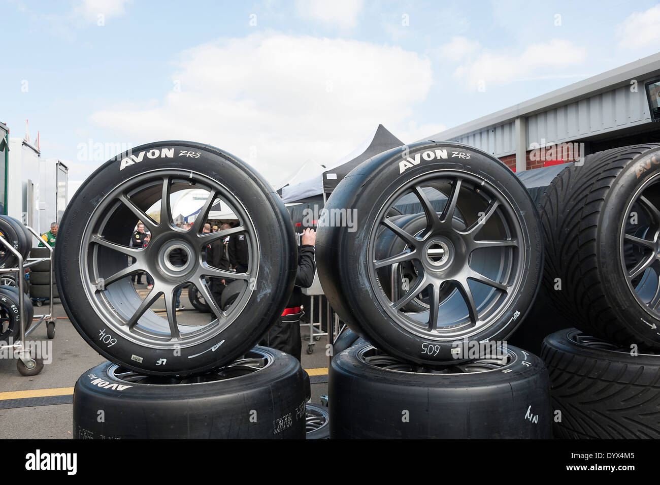 Slick and Wet Tyres on Wheels for GT Racing Cars in the Paddock at Oulton Park Motor Racing Circuit Cheshire England UK Stock Photo