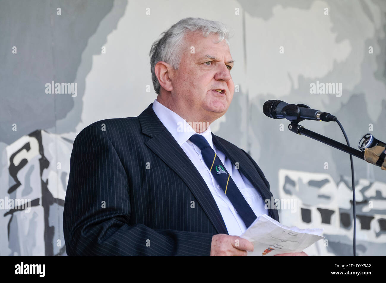 Larne, Northern Ireland. 26 Apr 2014 - Billy Adamson, Chairman of the organising committee for the Centerary reenactment of the 1914 Larne Gun Running, delivers his speech. Credit:  Stephen Barnes/Alamy Live News Stock Photo