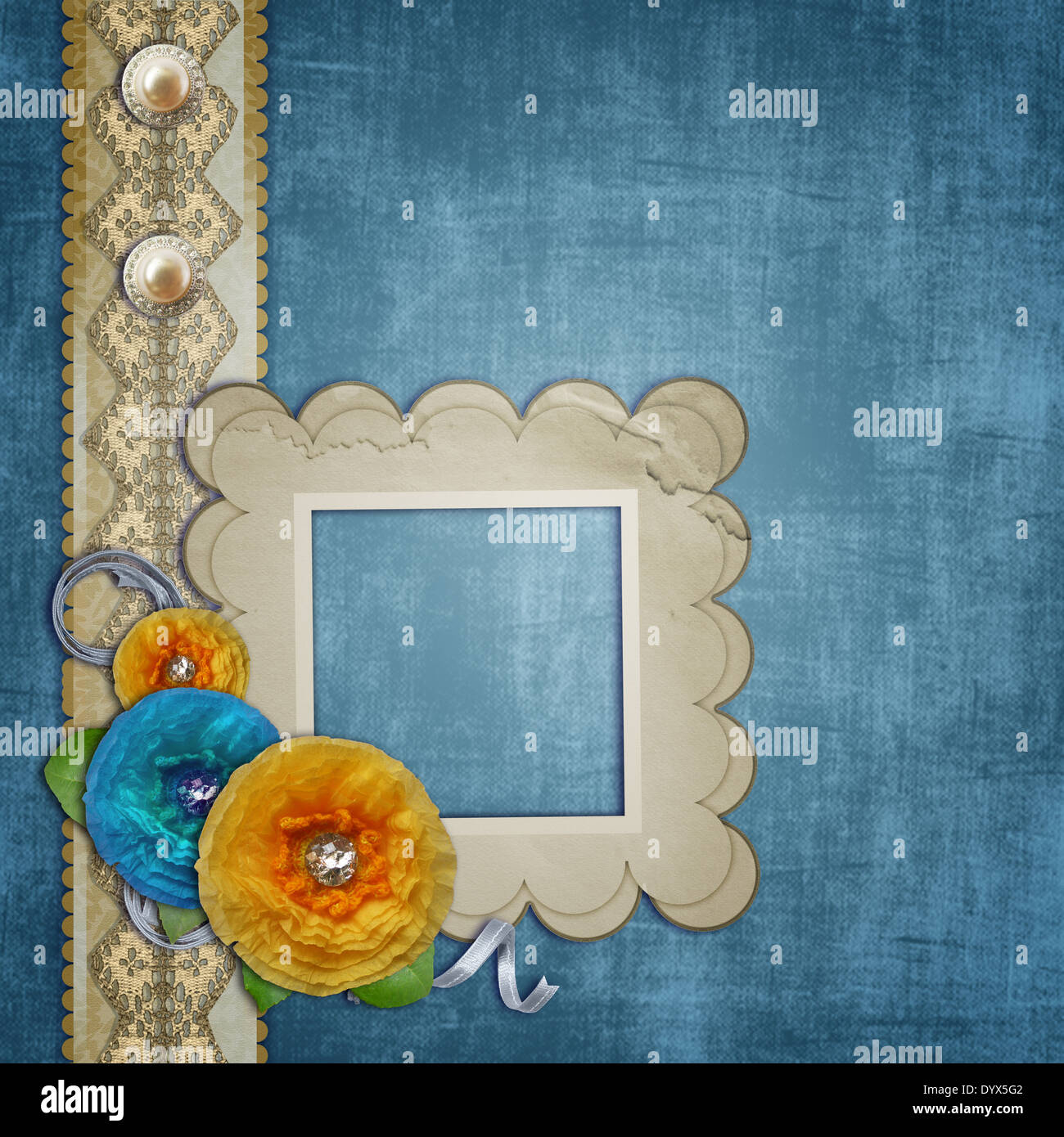 Blue vintage textured background with a bouquet of paper flowers, lace and pearls Stock Photo
