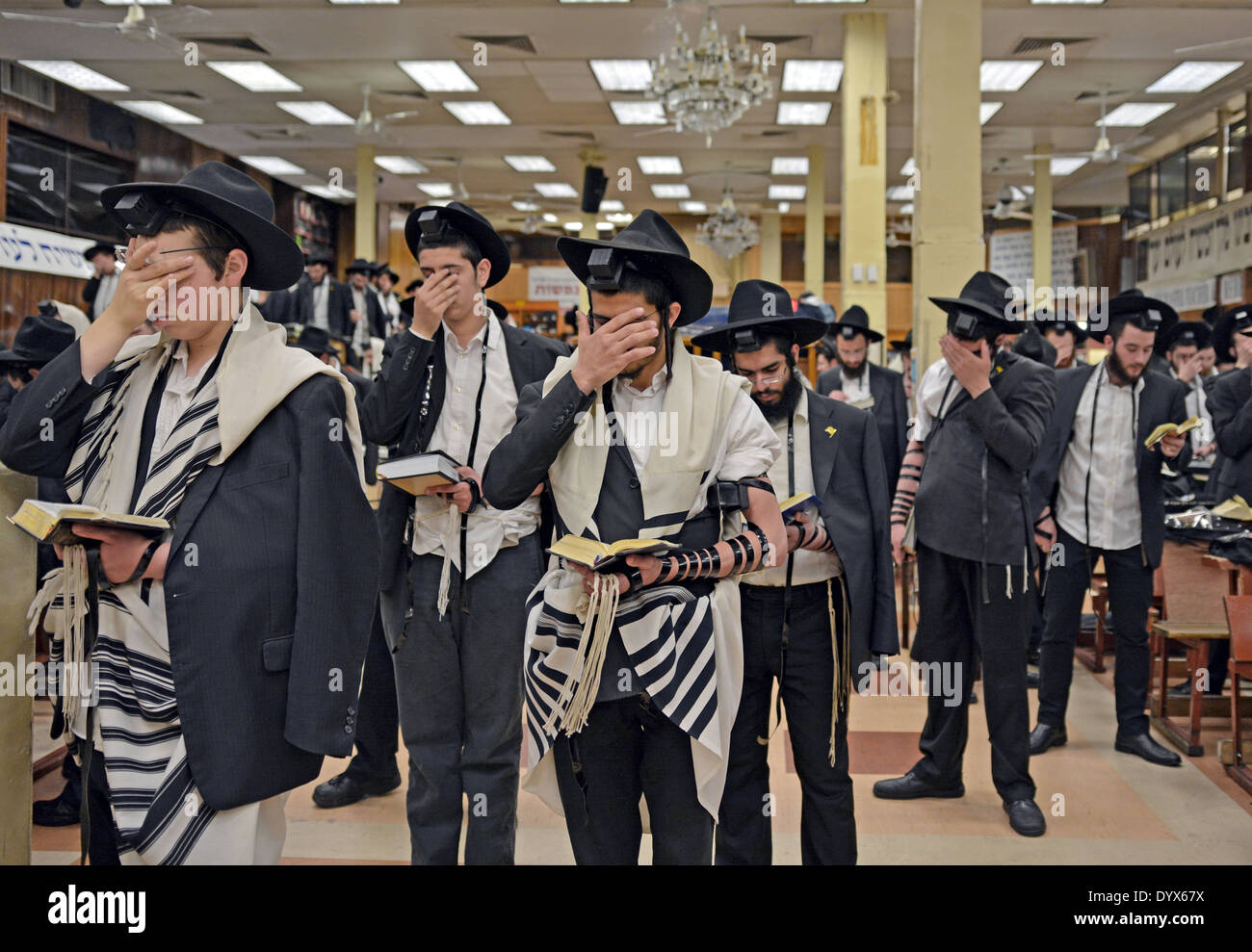 Orthodox Jewish men at weekday morning prayers wearing tefillin - phylacteries - and prayer shawls. Crown Heights, Brooklyn, NY Stock Photo